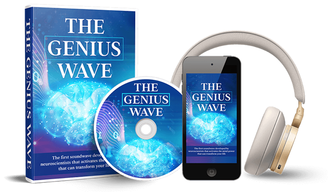 The Genius Wave digital audio program displayed with box, disc, smartphone, and headphones